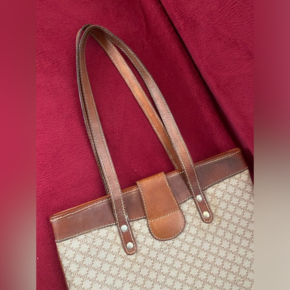 Celine Brown and Cream Patterned Tote Handbag / Purse with Brass Accent - Picture 8 of 10